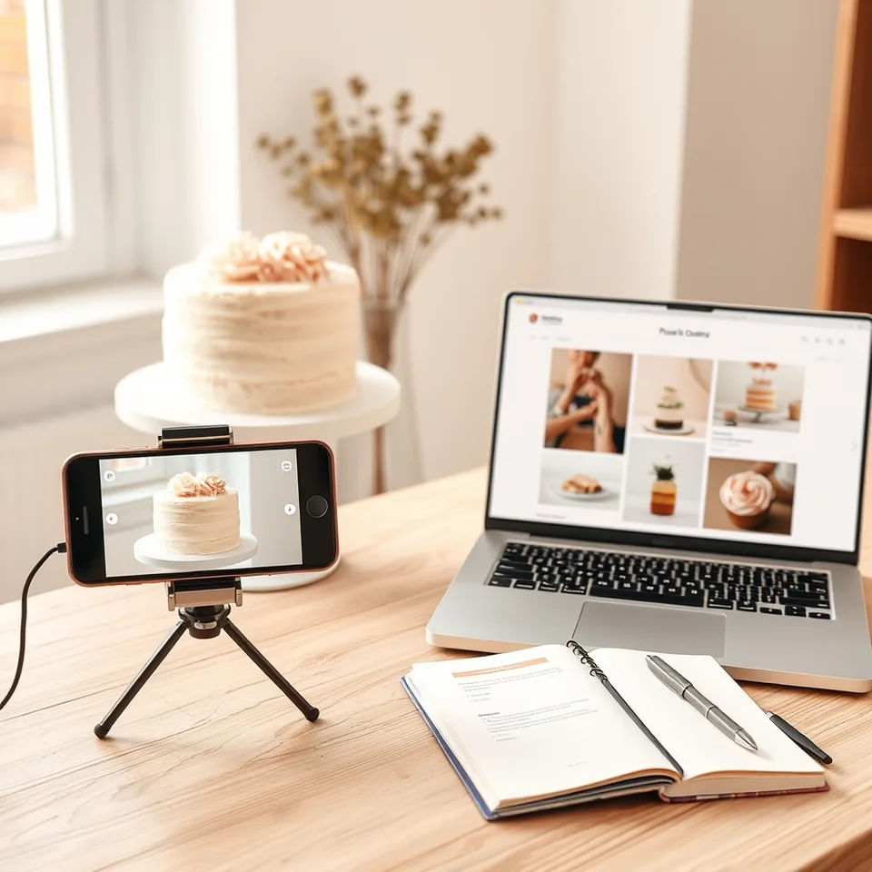 Illustration d’un gâteau photographié au smartphone à côté d’un ordinateur présentant un portfolio de pâtisserie.