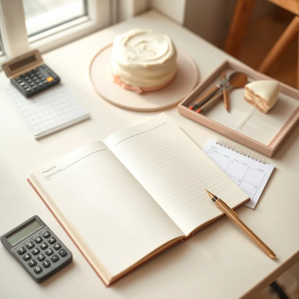 Illustration d’un espace de planification avec un carnet, un calendrier et des outils de pâtisserie.