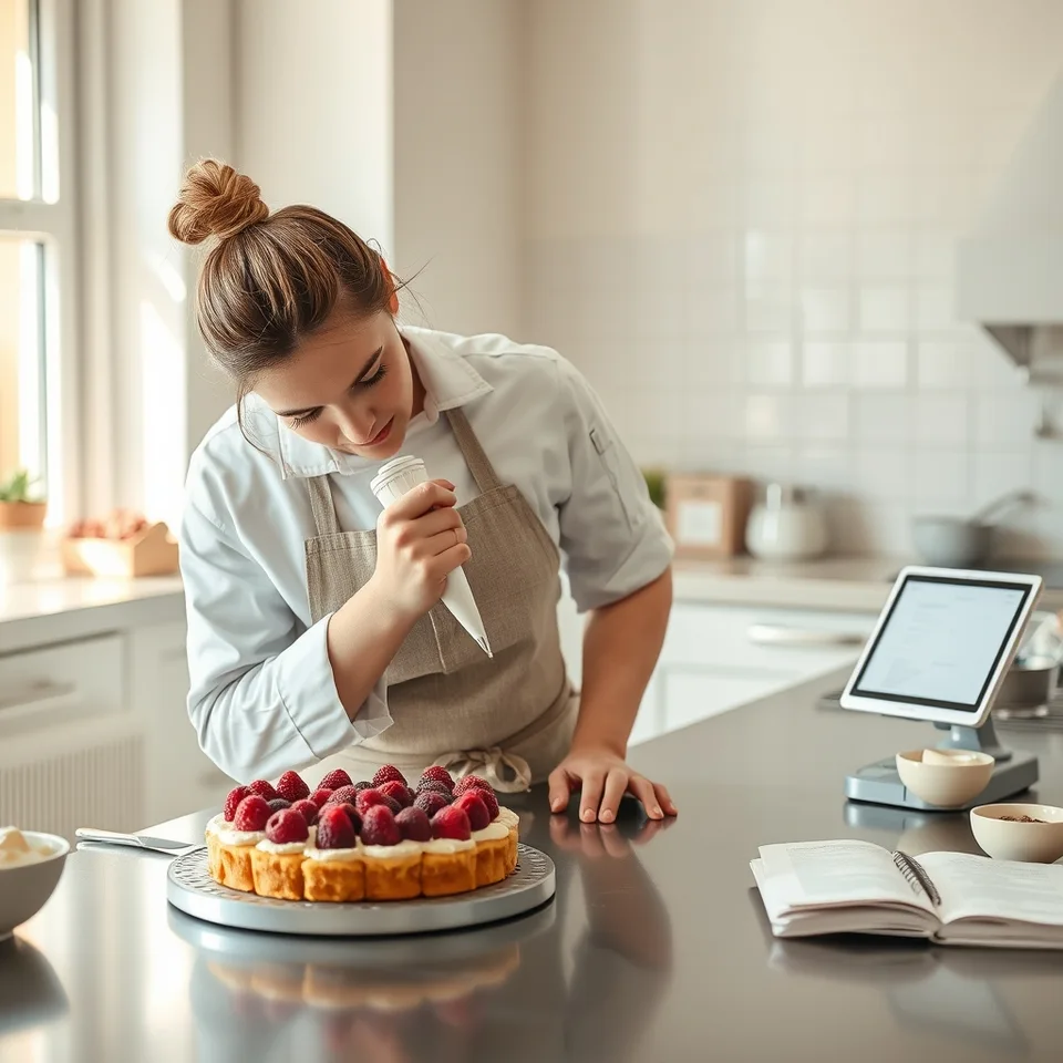 Illustration d’un professionnel décorant une tarte aux framboises, avec un espace de planification numérique séparé du plan de travail.